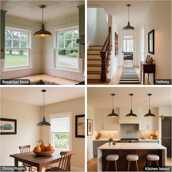 2 Pack Farmhouse Pendant Light for Kitchen, 14in Large Industrial Hanging Lights with Brass Interior, Indoor and Outdoor Ceiling Barn Lighting Fixture with Ajustable Cord for Dinning Room