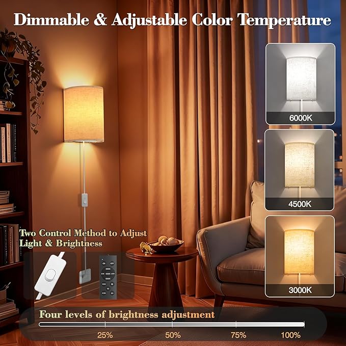 Plug in Wall Sconces Set of Two: Wall Lights with 7 RGB Colors - 3 Color Temperature Wall Mount Lamps with Remote - Fabric Linen Wall Sconc for Bedroom Living Room & Hallway- Indoor Corded Wall Sconce