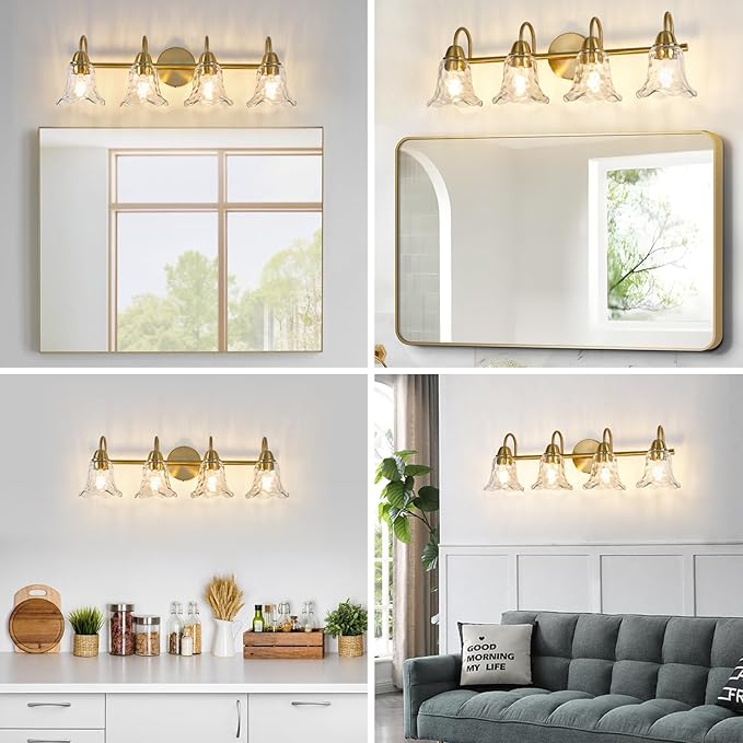 Bathroom Light Fixtures Over Mirror, 4 Lights Vintage Wall Sconces with Hammered Glass Shade, 26.8" Gold Bathroom Wall Light Fixtures for Bedroom, Porch, Hotel, Mirror Cabinet