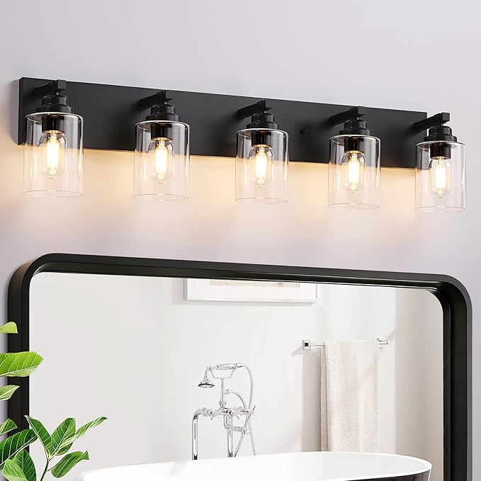 Black Bathroom Light Fixture, 5 Light Matte Black Vanity Light, 35.4" Modern Bathroom Lighting Fixtures Over Mirror, with Clear Glass Shade, Vanity Lights for Bathroom Bedroom Hallway