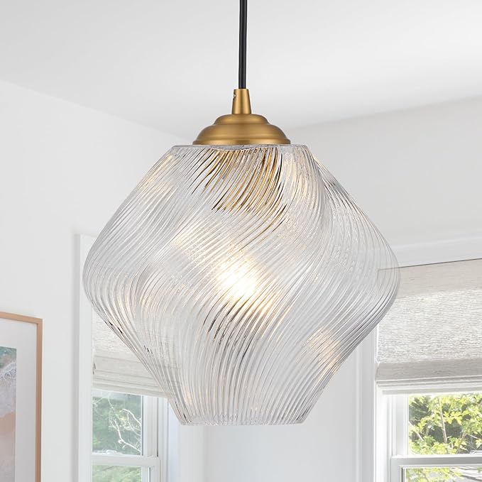 Glass Pendant Light Fixtures, Mid Century Modern Ceiling Hanging Lights with Height Adjustable, Brass Gold Pendant Lighting for Kitchen Island, Hallway, Dining Room, Bedroom (1 Pack)