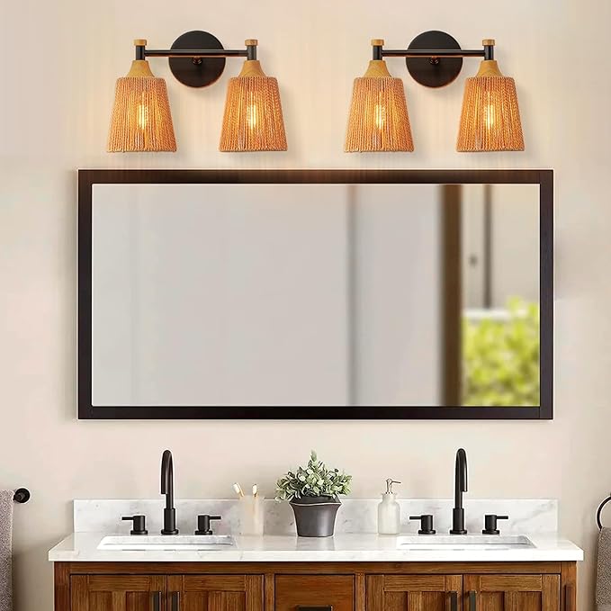 2-Light Bathroom Vanity Light, Boho Bathroom Light Fixtures Over Mirror Rattan Vanity Lighting Fixtures with Hand-Woven Lampshade Rustic Style Wall Sconce for Bedroom Living Room