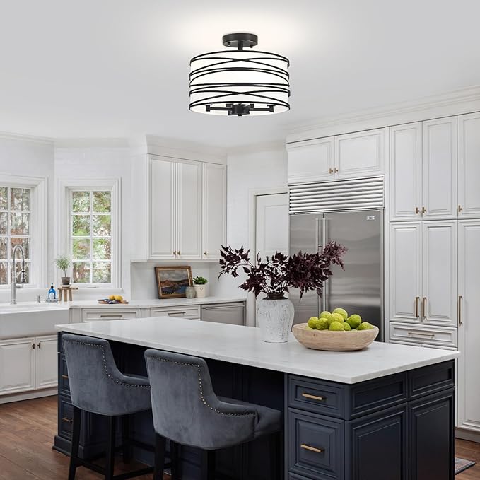 TOULMJ 4-Light Semi Flush Mount Ceiling Light, Black Drum Chandelier with White Fabric Shade, Modern Entryway Light Fixtures for Kitchen Island Laundry Room Hallway Dining Room
