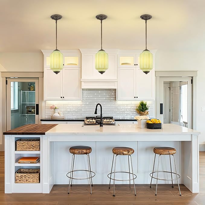Vintage Milk Glass Pendant Light, 5.5" Semi Flush Mount Pendant Light, Brass Finish Green Glass Hanging Light Fixture for Kitchen, Dining Room, Bedroom, Hallway, Bathroom(Green, 1 Pack)