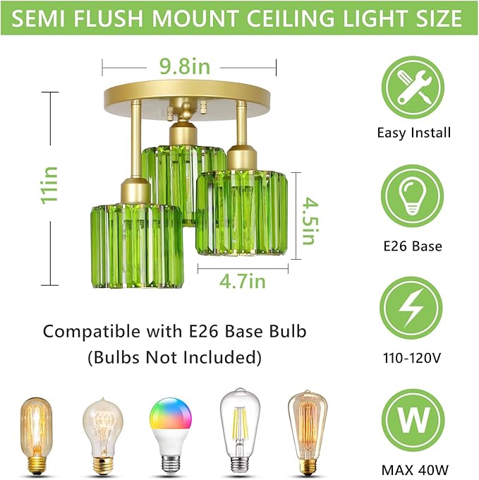Green Crystal Close to Ceiling Light Fixtures,3-Light Modern Semi Flush Mount Ceiling Light,Kitchen Light Fixture with Crystal Shades,Hallway Lighting Fixture for Entryway Bedroom Bathroom