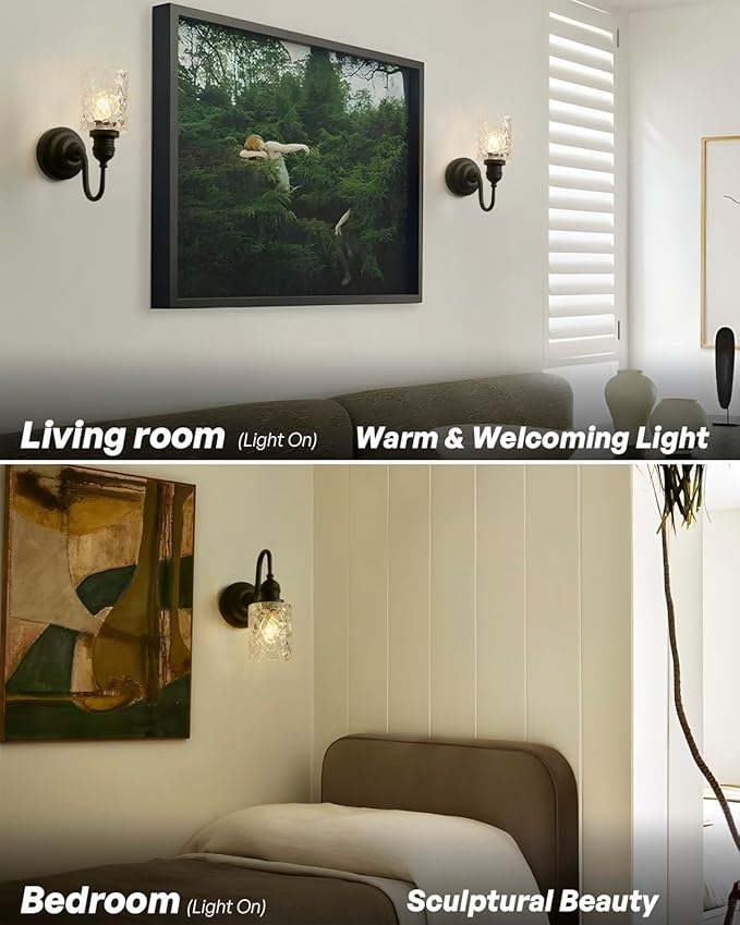 Vintage Wall Sconce 1-Light Black Bathroom Vanity Light with Clear Ripple Glass Shade Hardwire Farmhouse Wall Lamp Fixture for Bathroom Mirror Living Room Bedroom Kitchen Indoor