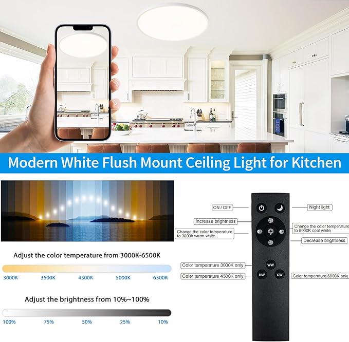 LED Flush Mount Ceiling Light Fixture 15 Inch, 36W 3600lm Dimmable Kitchen Light Fixture Ceiling Mount with Remote, Adjustable 3000K-6500K Round Ceiling Lamp for Bedroom, Living Room,White