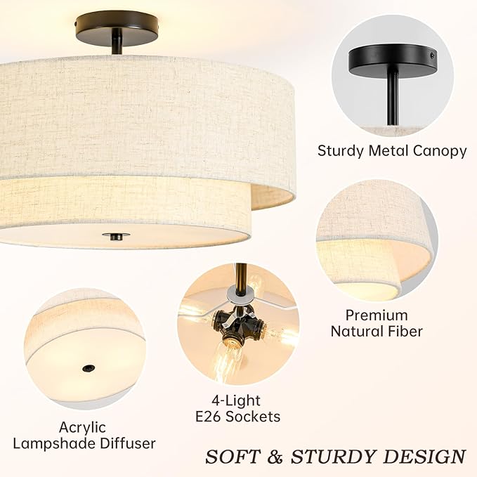 4-Light Semi Flush Mount Ceiling Light, 19.7" Double Drum Ceiling Light Fixture with Linen Fabric Shade, Modern Black Ceiling Light for Dining Room, Living Room, Bedroom, Kitchen, Hallway, Entryway