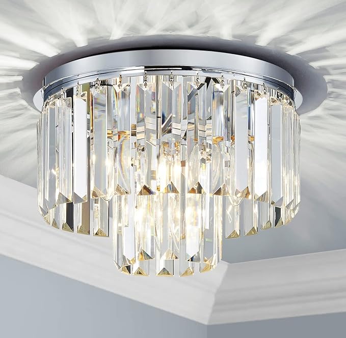 AGV LIGHTING CL006S Crystal Ceiling Light Fixture, Modern Semi Flush Ceiling Light, D12 x H8, E12 Base 3-Lights, Chrome Finish