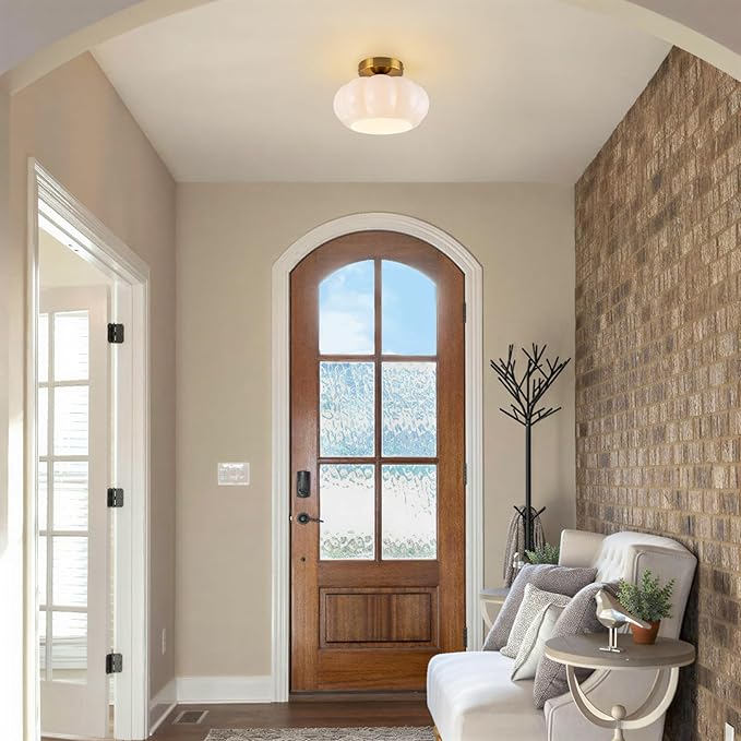 9.84" Mid-Century Modern Semi Flush Mount Ceiling Light,1-Light Brushed Gold Ceiling Light Fixture with Opal Milky White Glass Shade,Dimmable Mini Bedroom Light Fixture for Kitchen,Hallway,Entryway