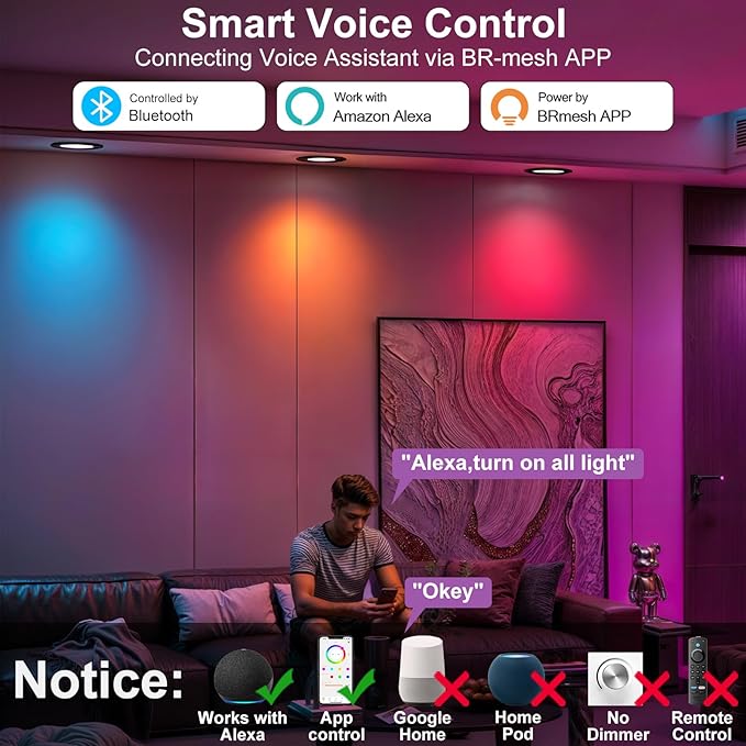 Black 5/6inch Color Changing LED Can Lights,12Pack Retrofit LED Recessed Lighting,13W 1050LM Smart Recessed can Light,Compatible with Alexa,Bluetooth APP Control,for Bedroom Kitchen Livingroom