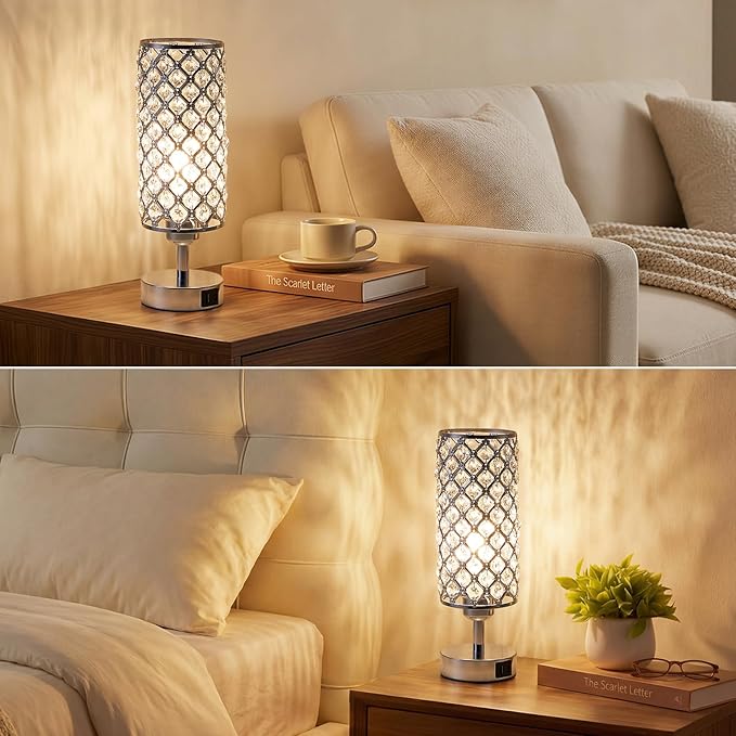 Crystal Table Lamp with USB C+A Charging Ports for Phone&Clock&Headphone, Bedside Lamps with Touch Control, Modern Design Small Lamp for Bedroom, Living Room(Sliver)