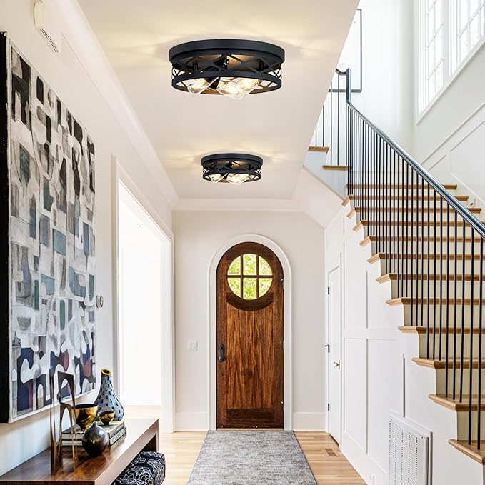 13in 3-Light Farmhouse Flush Mount Ceiling Light,Black Metal Cage Design,E26 Base Ceiling Fixtures for Kitchen Hallway Entryway (2 Pack)