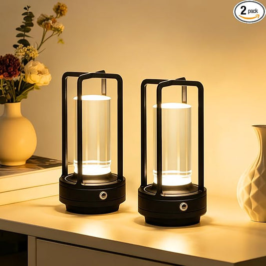 Rechargeable Table Lamp Cordless, 3 Color | Crystal | Stepless Dimming, for Dining Room, Living Room, Bar, Cafe, Restaurant, Patio, Camping, Pack of 2 (Black)