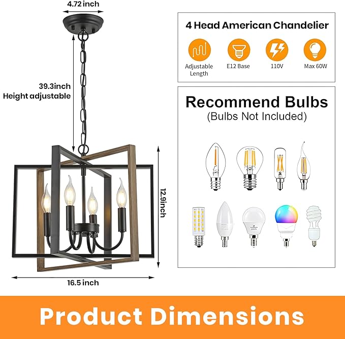Farmhouse Chandelier Black Rustic Pendant Light Fixture, Adjustable Metal Flush Mount Ceiling Light for Kitchen Island, Dining Room, Living Room, Bedroom, Foyer