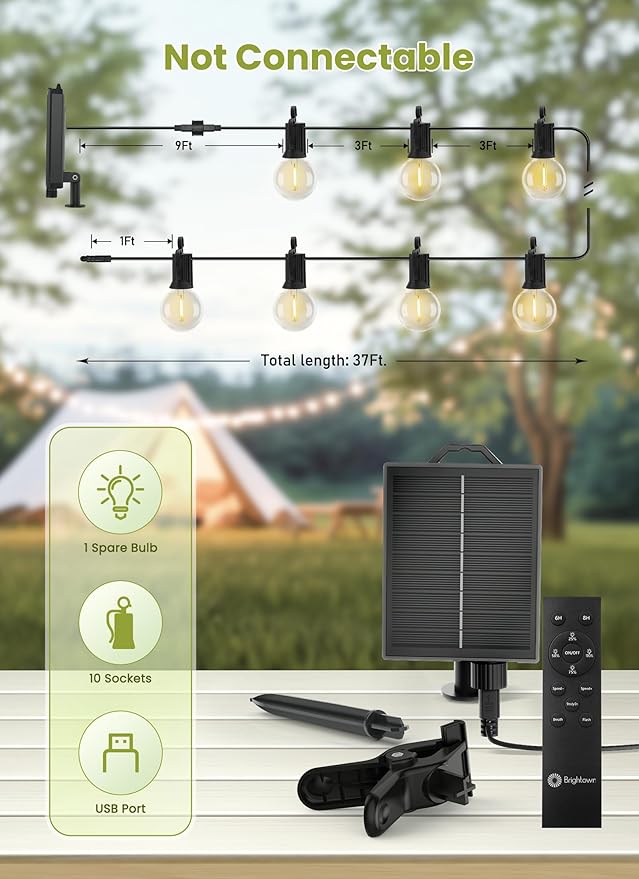 Brightown Solar String Lights Outdoor Waterproof with Remote Cable Ties and Hooks, 37FT Patio Lights with 10 LED Shatterproof Bulbs, 3 Light Modes, Dimmable Hanging Lights for Backyard Party Decor