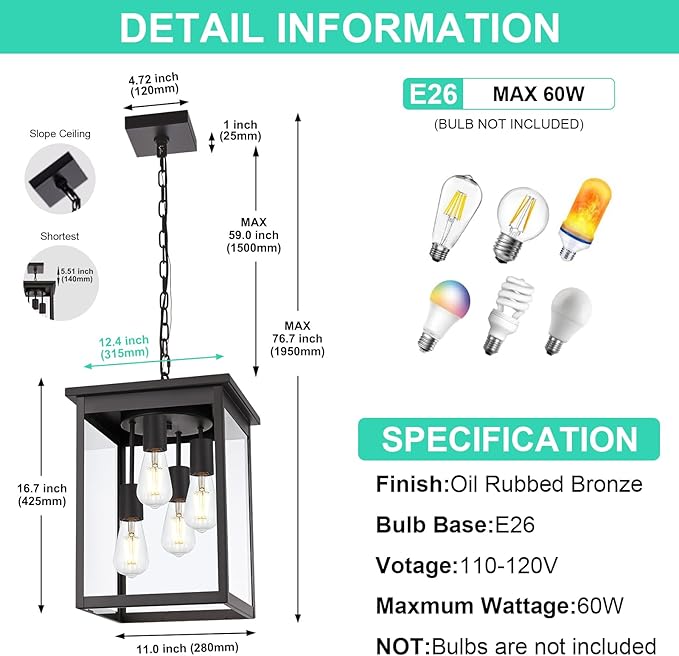 Yaohong 4-Lights Outdoor Pendant Light Fixture with Clear Glass, Oil Rubbed Bronze Farmhouse Exterior Ceiling Hanging Light Fixture with Adjustable Chain, Outdoor Hanging Lantern for Porch Entrance