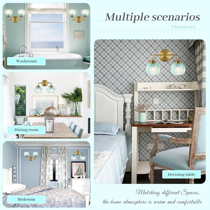 2 light bathroom vanity light gold wall sconce with Blue Glass Shade globe wall sconces mid century wall light vintage wall sconce art deco Bathroom Lights Over Mirror for Bedroom Hallway Living Room
