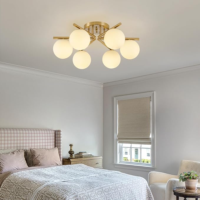 6 Lights Sputnik Ceiling Light Fixture,Semi Flush Mount Ceiling Light Sputnik with Milk Glass Globe, Brushed Brass Chandelier for Living Room, 25.98‘’ Large Mid Century Modern Fixture