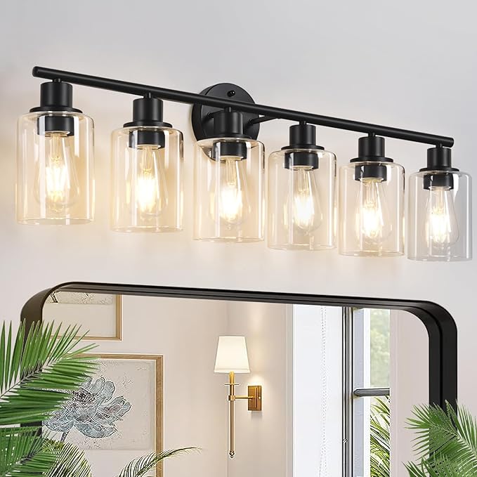Zarbitta 6-Light Bathroom Light Fixtures, Black Modern Vanity Lights with Clear Glass Shade, Bathroom Wall Lamp for Mirror Kitchen Living Room Hallway Cabinet Porch