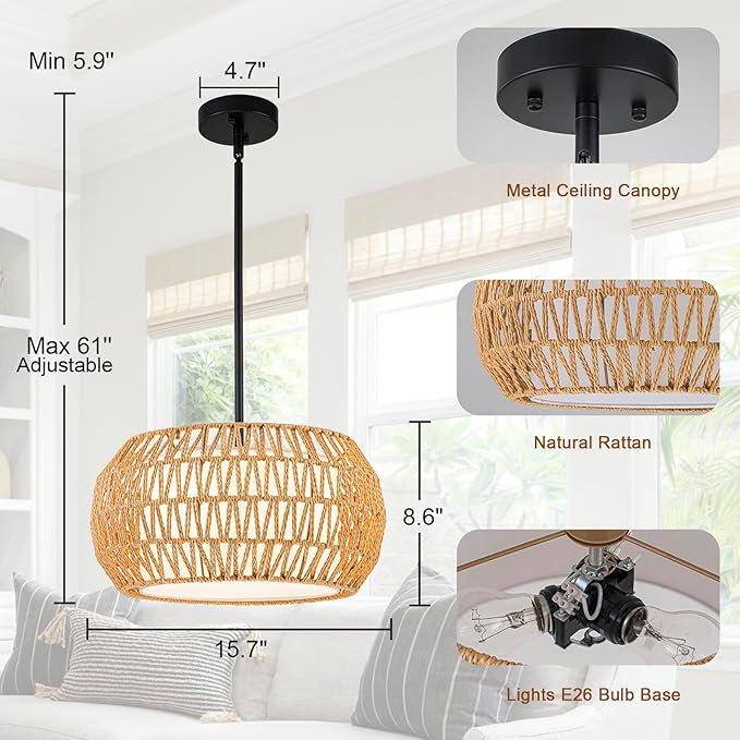 4-Light Farmhouse Rattan Chandelier,15.7'' Boho Hand Woven Drum Pendant Light Fixtures with Fabric Shade,Coastal Rattan Hanging Ceiling Lights for Kitchen Island,Dining Room,Living Room,Entryway,Foyer