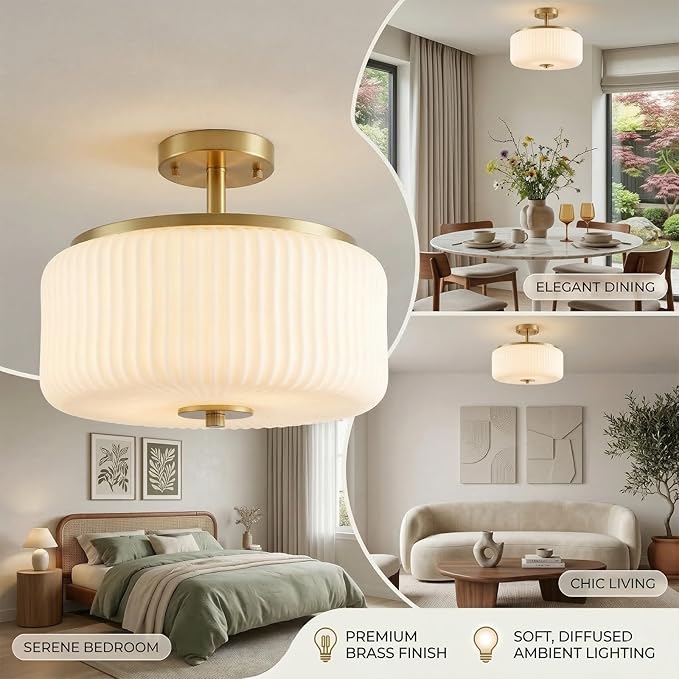 3-Light Gold Semi Flush Mount Ceiling Light, 11.8" Modern Schoolhouse Light Fixtures Ceiling Mount with Ribbed Opal Glass Shade, Anti-Glare Close to Ceiling Lamp for Bedroom Kitchen Hallway Entryway