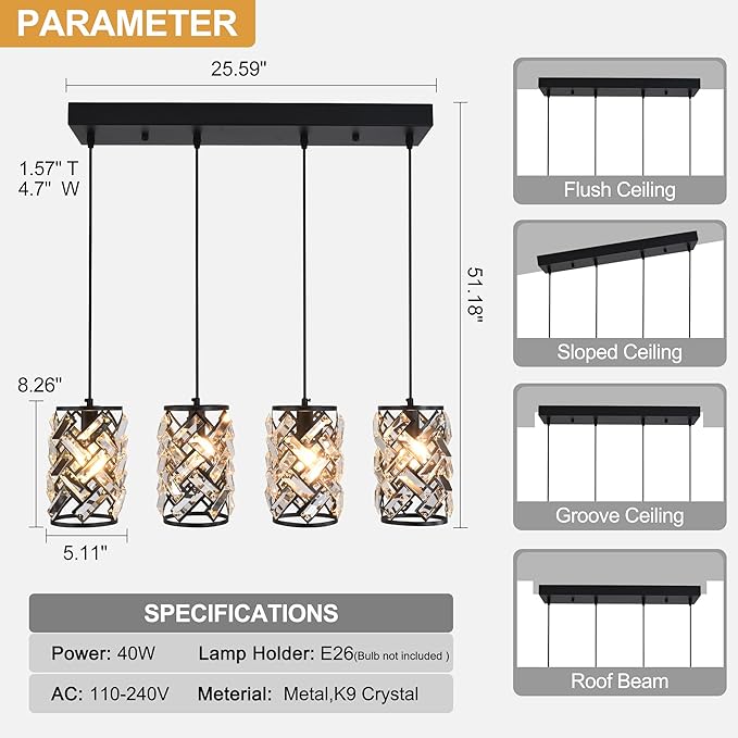Pendant Lights Kitchen Island, 25.6” Modern Farmhouse Crystal Pendant Lighting, K9 Crystal Chandelier for Dining Room, Entryway & Bar, Adjustable Hanging Light Fixture (E26 Base, Bulbs Not Included)