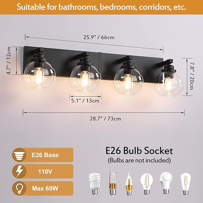 LmnLvn Bathroom Light Fixtures, 4-Light Matte Black Vanity Lights, Modern Bathroom Lighting Fixtures Over Mirror, Farmhouse Vanity Lights with Glass Shade for Living Room, Bedroom, Hallway