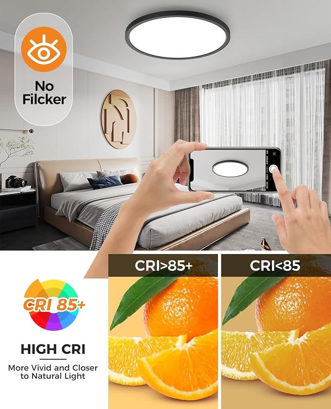 slochi 6PACK LED Black Flush Mount Ceiling Light Fixture, 12Inch 28W Ceiling Light, Dimmable & 3000K/4500K/6000K 3 Color Adjustable Round Ceiling Lights 3200LM for Kitchen Bedroom