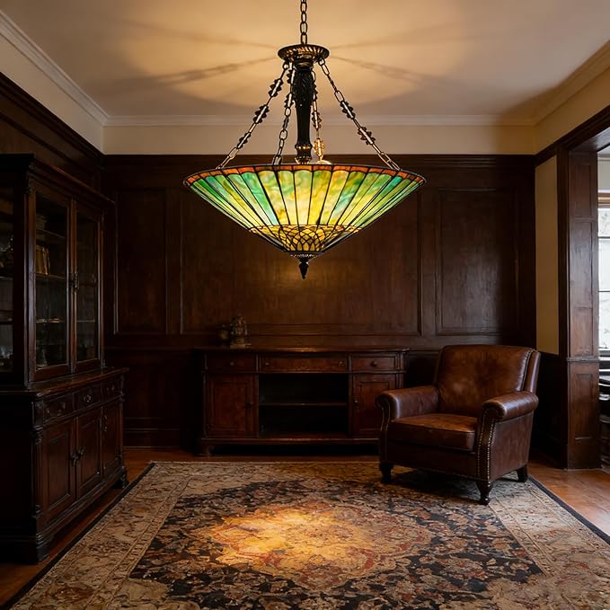 Pendant Light Fixtures, 23.62" Wide Stained Glass Inverted Antique Style Ceiling Pendant for Dining Room, 5 Lights Hanging Lamp for Living Room Kitchen Entryway