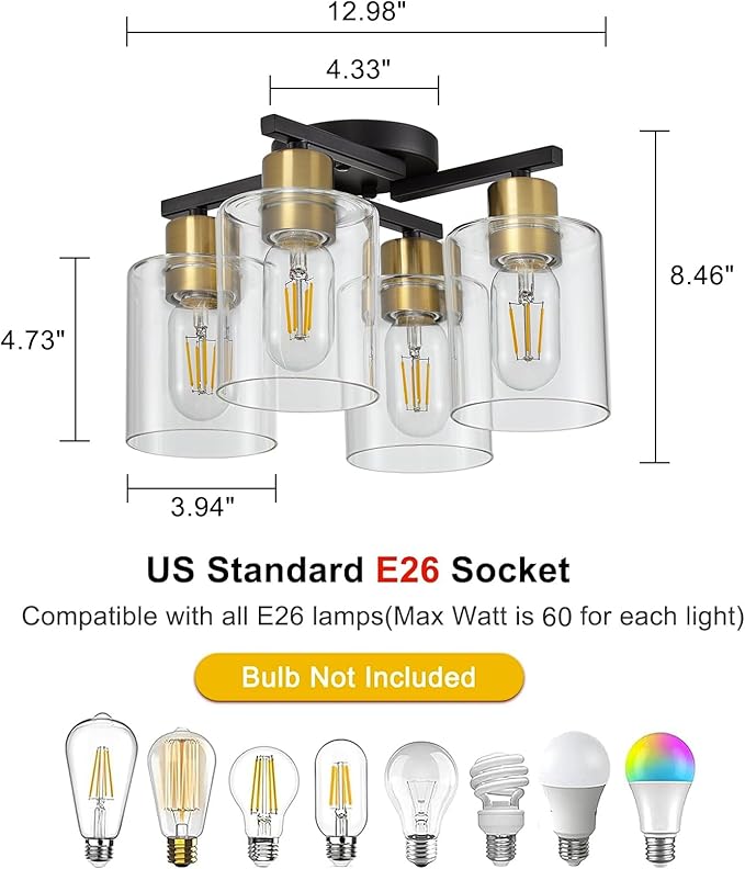4-Light Semi Flush Mount Ceiling Light, Black and Gold Kitchen Lighting Fixtures Ceiling, Farmhouse Ceiling Light with Clear Glass Shade for Hallway, Living Room, Foyer, Bedroom