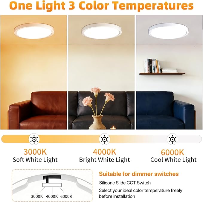 7 Inch 4Pack Super Slim Flush Mount Ceiling Light Fixture,18W 1400LM Dimmable 3CCT Selectable 3000K-6000K Round Light Fixture for Living/Bedroom,Kitchen/Bathroom,Porch &All Indoor Spaces White