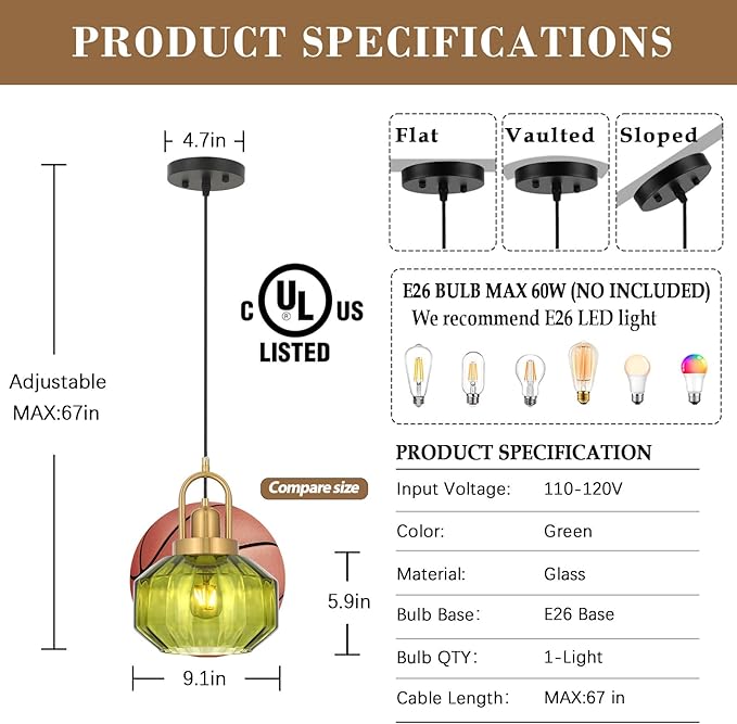 9in Mid Century Modern Green Glass Pendant Light Fixture, Small Gold Kitchen Island Pendants Light Glass Ceiling Hanging Lamp for Foyer Dining Room Bedroom Entryway Hallway Over Sink