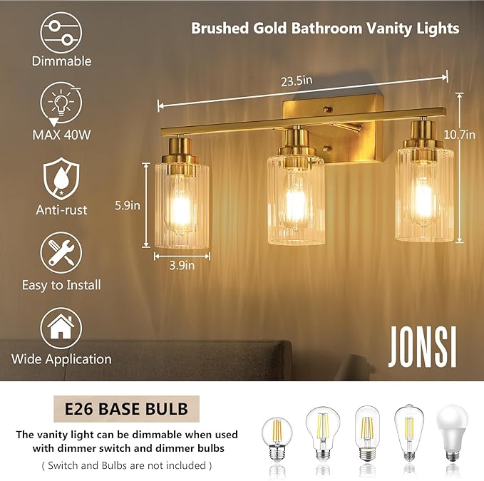 Jonsi 3 Light Brushed Gold Bathroom Vanity Lights with Fluted Glass Shade, Modern Gold Bathroom Lights Over Mirror