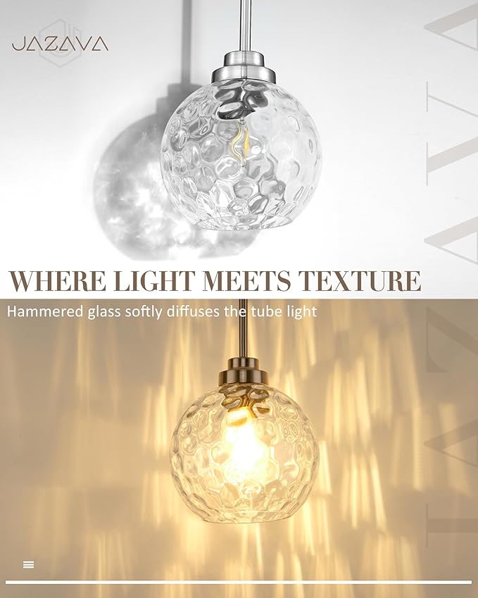 8 Inch Modern Farmhouse Pendant for Kitchen Island, Adjustable Height Hanging Fixture with Hammered Glass, Brushed Nickel, Dining Room Entryway - PL101HBN-L
