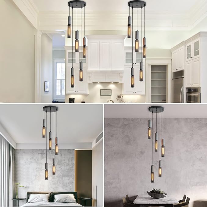 5-Light Concrete Linear Pendant Light with a Metal Mesh Shade,Modern Industrial Hanging Cement Pendant Lighting for Kitchen Island Bedroom Living Room Dining Room Light Fixture