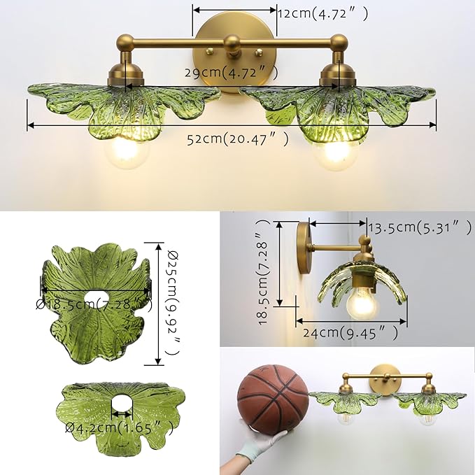 Pathson 2-Lights Wall Sconce Green Petal Glass, Hardwired Double-Head Bathroom Sconces Boho Brass Vanity Light for Wall Decor Living Room, Kitchen Sink, Bedroom, Farmhouse