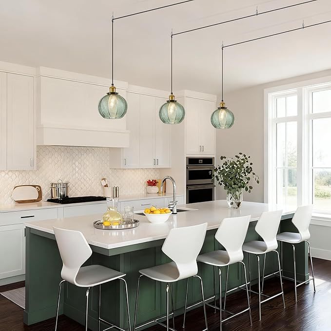 Modern Plug in Hanging Light, 7.8 Inch Glass Pendant Light with 14.76 FT Adjustable Plug in Cord, Vintage Green Hanging Lamp for Dining Room Bedroom Kitchen Island Bathroom E26