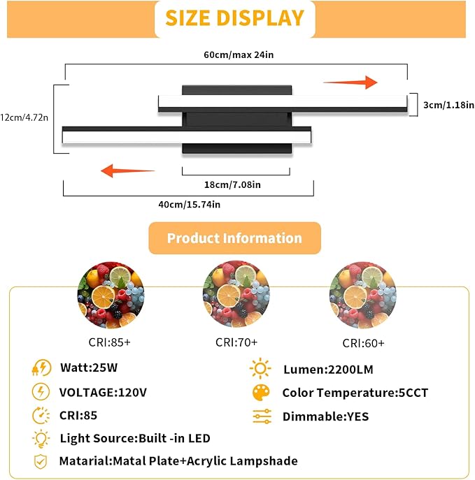 ETL Listed 24 inch Retractable Bathroom Vanity Light- 5CCT Optional Bathroom Light 2700K/3000K/3500K/4000K/5000K/ Bar Vanity Light for Bathroom Mirror Bedroom-25W 1 Pack