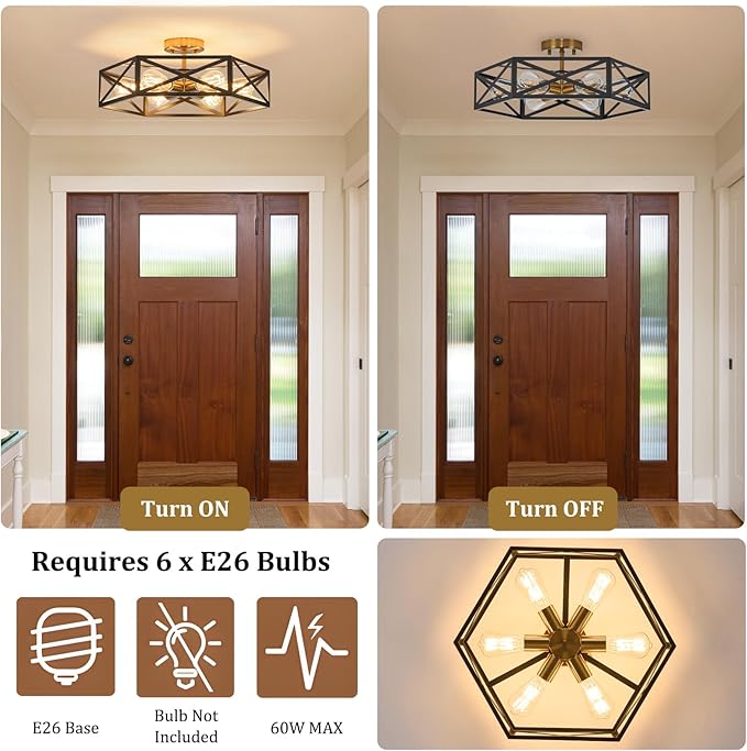Modern Farmhouse Semi Flush Mount Ceiling Light,Industrial Black and Gold Ceiling Lighting Fixture,Hexagonal Close to Ceiling Lights for Kitchen,Living,Dining Room,Bedroom,Foyer,19.7 Inch