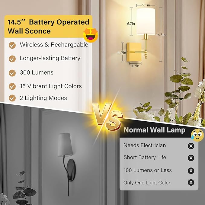 Bosceos 14.5 Inch Battery Operated Wall Sconces Set of 2, Gold Rechargeable Wall Lights with Remote, Wireless Wall Lamps with 15 Color Dimmable Bulbs for Bedroom Living Room Hallway Decor