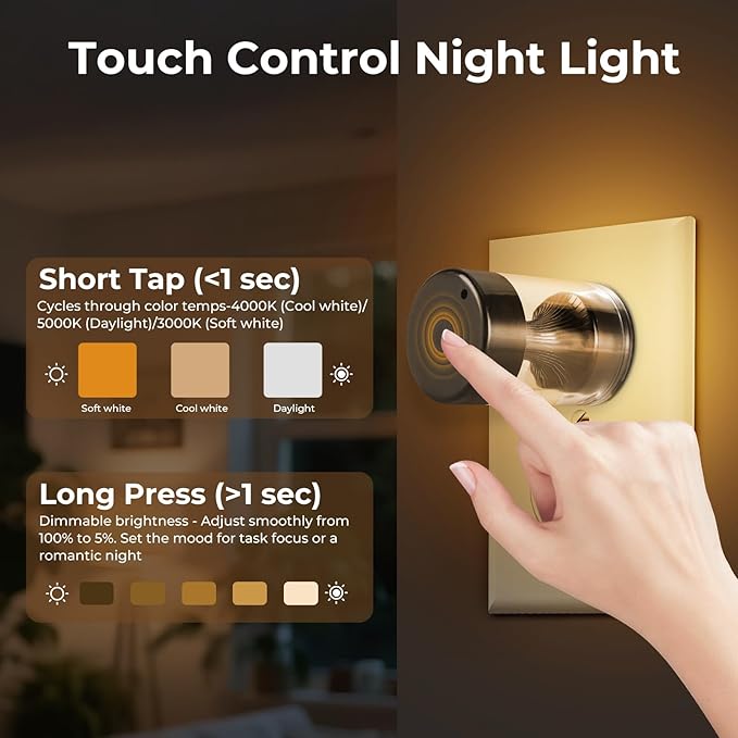 2 Pack Dimmable LED Night Light,Touch Control & 3-Color Temperature (3000K-5000K) Plug-in Wall Nightlight with Dusk to Dawn Sensor,Stepless Dimming100%-10%, IP65 Waterproof for Bathroom Hallway Stairs