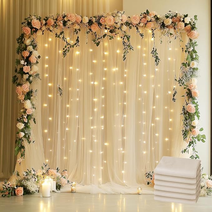 Tulle Backdrop Curtain with Lights String 30 X 8FT Champagne Sheer Tulle Backdrop Curtains for Wedding Birthday Party Reception Photo Booth Background Decorations (6 Panels 5x8FT)