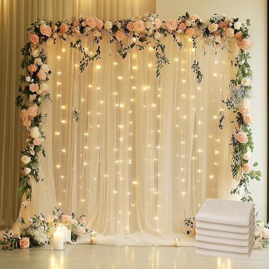 Tulle Backdrop Curtain with Lights String 30 X 8FT Champagne Sheer Tulle Backdrop Curtains for Wedding Birthday Party Reception Photo Booth Background Decorations (6 Panels 5x8FT)