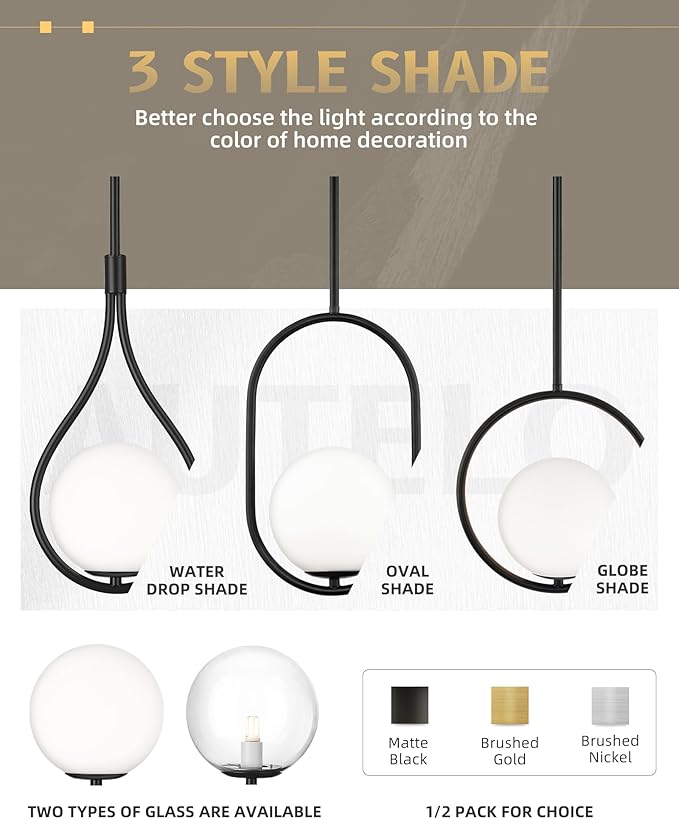AUTELO 2 Pack Pendant Lights Kitchen Island, Modern Pendant Lights in Black Finish with Milky White Globe Glass, Black Pendant Light Fixtures, 1-Light Hanging Lamp for Kitchen Island H9377 MGBK-2PK