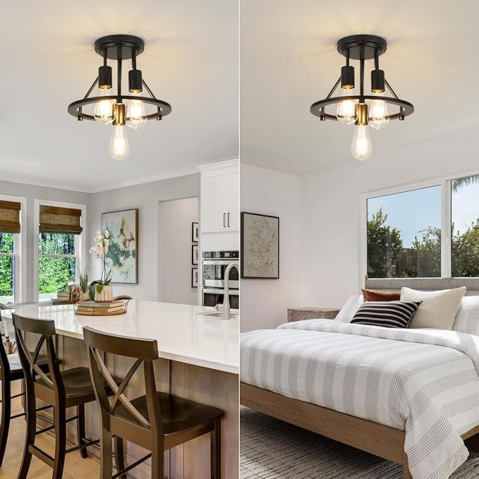 Semi Flush Mount Ceiling Light 3-Light Ceiling Light Fixtures - Black Hallway Light Fixtures Farmhouse Industrial Kitchen Light Fixtures E26 Socket Ceiling Lamp for Foyer