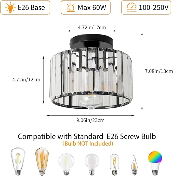 9 Inch Black Crystal Ceiling Light Fixture - Modern Semi-Flush Mount Chandelier with Premium Crystals for Entryway, Dining Room, Bedroom, Kitchen