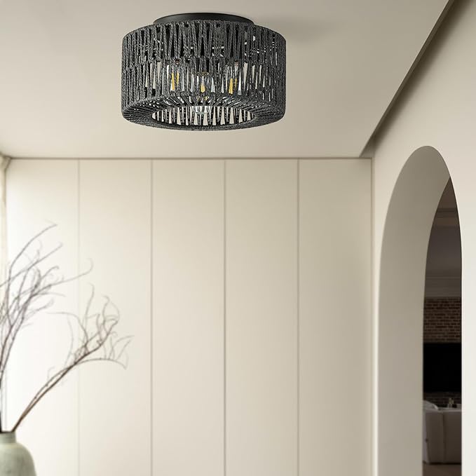 12.6”Rattan Flush Mount Ceiling Light Fixtures, 3-Light Boho Light Fixture Rattan Hand-Woven Chandelier Close to Ceiling Light Fixture for Bedroom Hallway Kitchen Dining Room Nursery(Black)