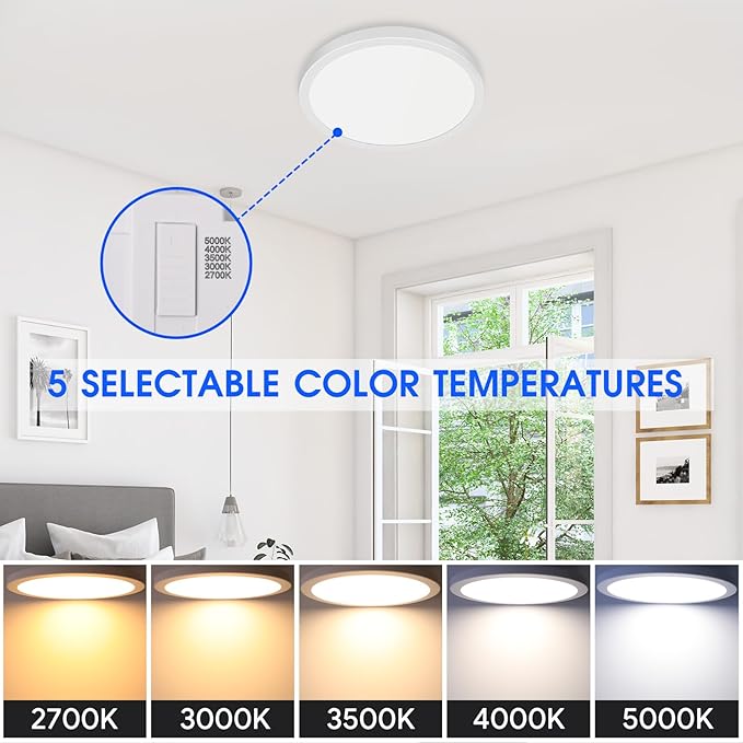 Energetic 5CCT Flush Mount Ceiling Light Fixtures, 24W LED Ceiling Lights for Bedroom, Kitchen, Bathroom, Hallway, 2700/3000/3500/4000/5000K, Super Slim, 2000LM, Brushed Black Metal Ring, 3 Pack