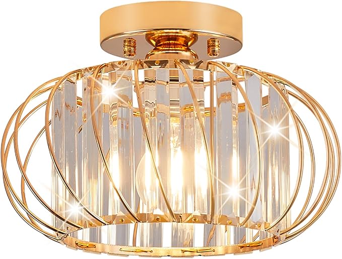 Semi Flush Mount Crystal Ceiling Light, 11 Inch Metal Cage Hallway Ceiling Lamps, Farmhouse Ceiling Light Fixture, Industrial Crystal Chandelier for Corridor Bathroom Kitchen (E26, Gold)